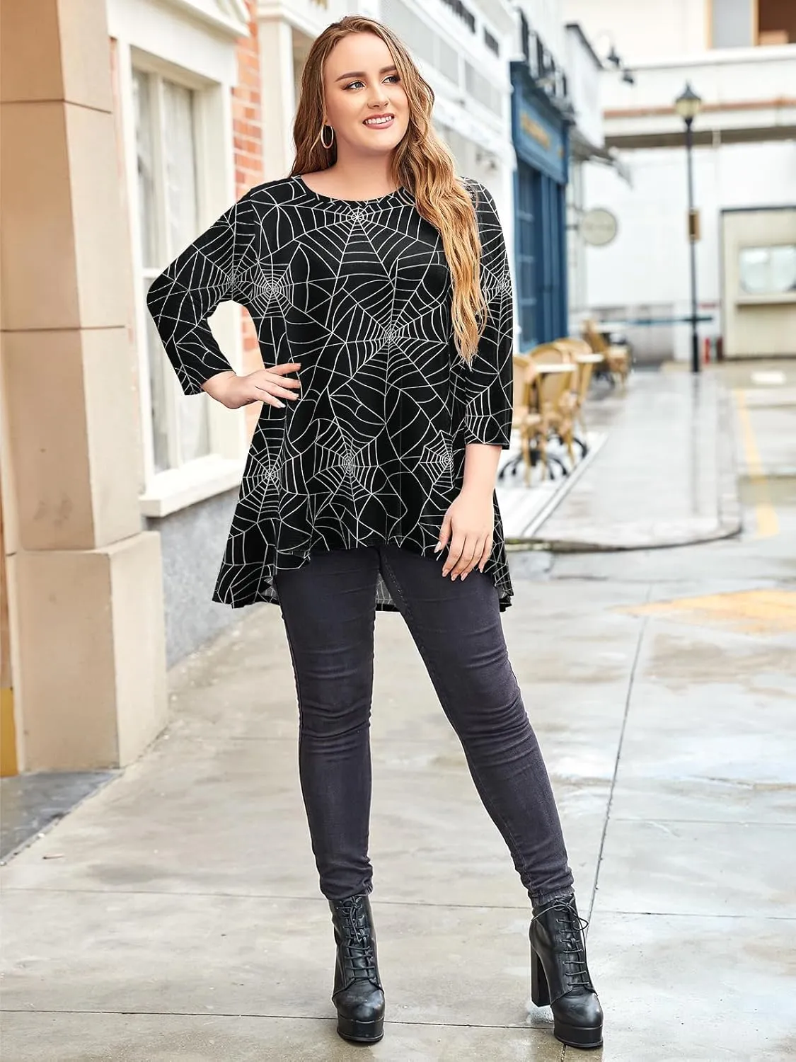 LARACE Womens Plus Size 3/4 Sleeve Loose Fit Flare Swing Tunic Tops Floral High Low Basic T Shirt