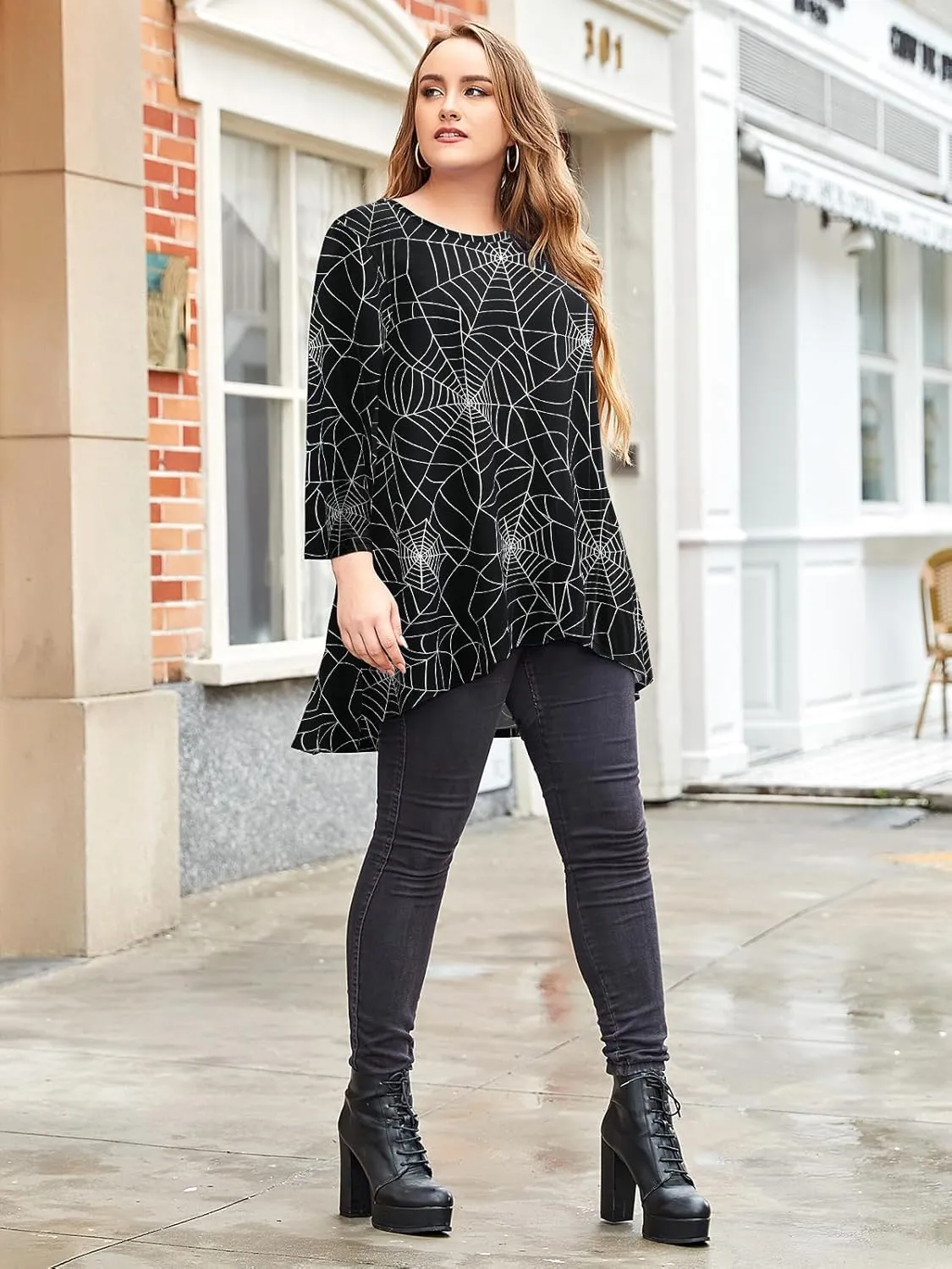 LARACE Womens Plus Size 3/4 Sleeve Loose Fit Flare Swing Tunic Tops Floral High Low Basic T Shirt