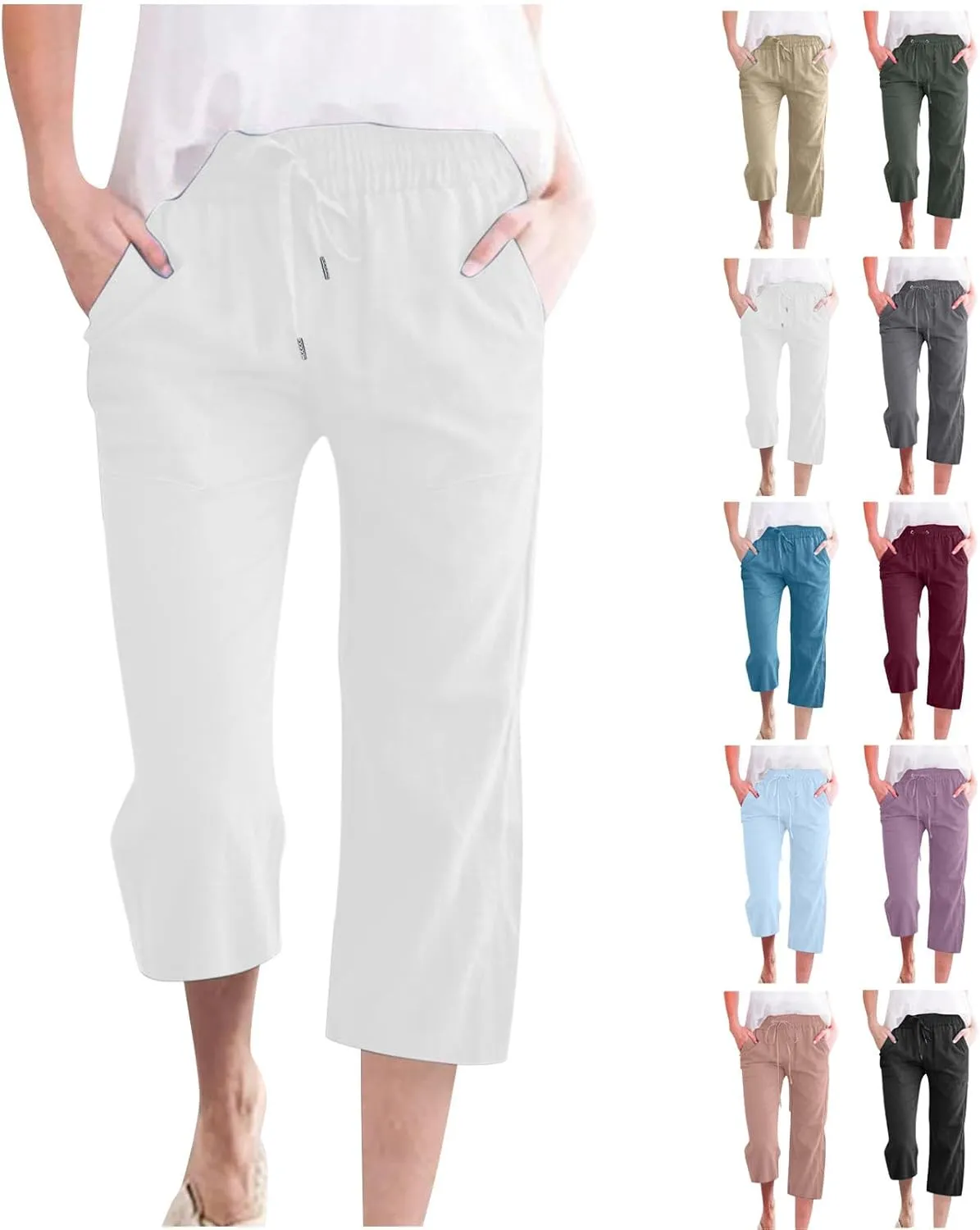 Last Orders Placed by me on Amazon,Capri Pants for Women Casual Summer Cotton Linen Capris Drawstring Elastic High Waist Pants Wide Leg Cropped Trouser