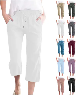 Last Orders Placed by me on Amazon,Capri Pants for Women Casual Summer Cotton Linen Capris Drawstring Elastic High Waist Pants Wide Leg Cropped Trouser