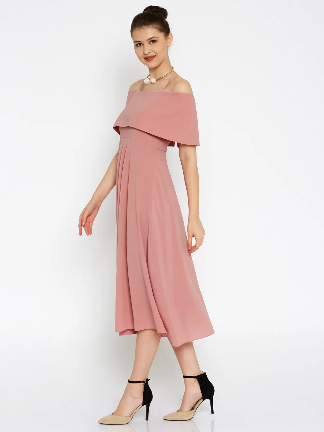 Layered Fit & Flare Pink Midi Strap Dress