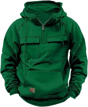 LCMTWX Zip Up Hoodie Men Winter Vintage Long Sleeve Hoodie Half Zipper Hooded Sweatshirt Top Workwear Multi Pocket Outdoor
