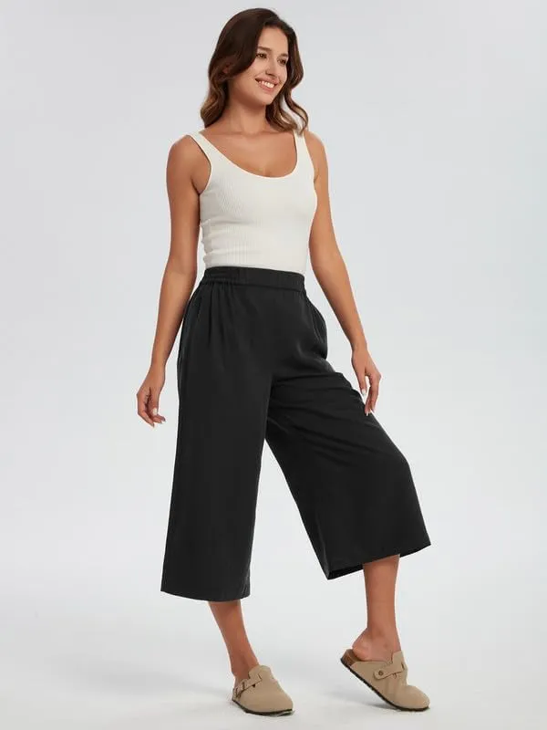 Les umes Women Linen Pants Summer Wide Leg Capri Pants High Waist Loose Cropped Lounge Trousers Culottes