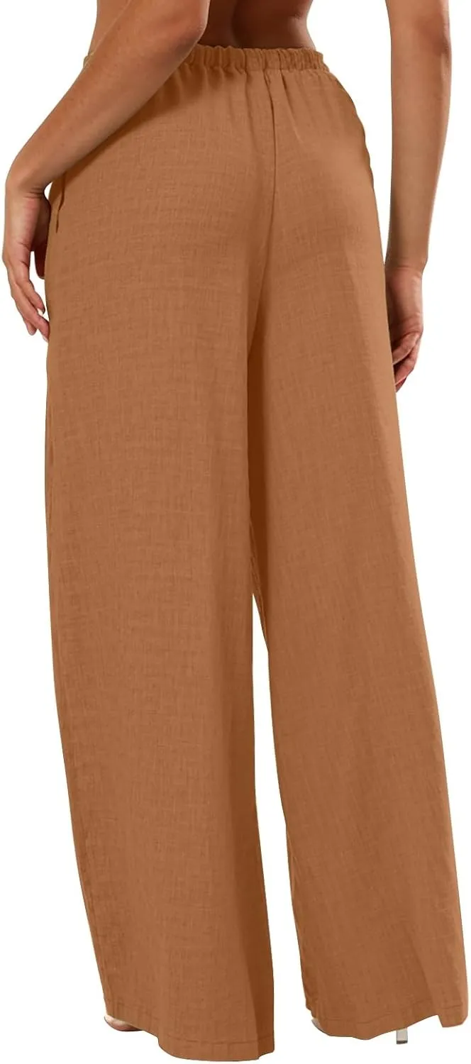 Lightweight Summer Pants Women Drawstring Elastic High Waist Palazzo Pants Boho Flowy Casual Beach Trousers w/Pockets