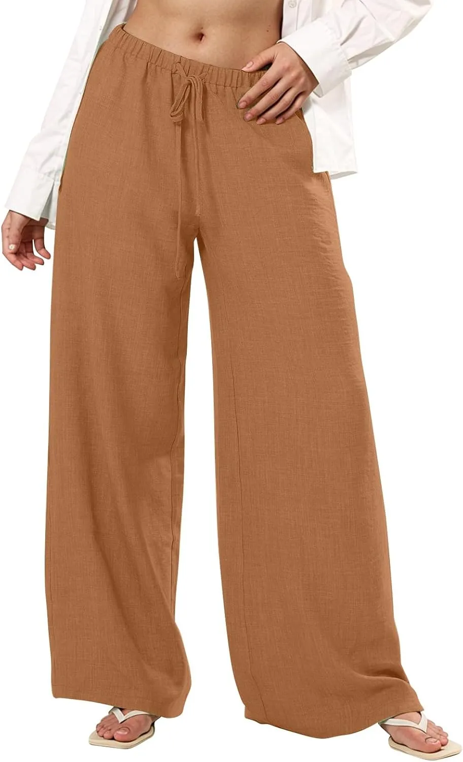 Lightweight Summer Pants Women Drawstring Elastic High Waist Palazzo Pants Boho Flowy Casual Beach Trousers w/Pockets