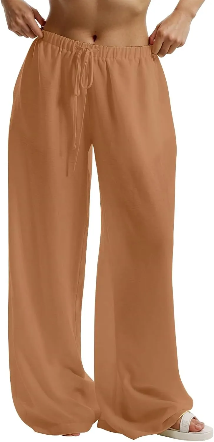 Lightweight Summer Pants Women Drawstring Elastic High Waist Palazzo Pants Boho Flowy Casual Beach Trousers w/Pockets