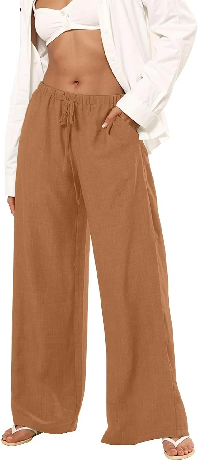 Lightweight Summer Pants Women Drawstring Elastic High Waist Palazzo Pants Boho Flowy Casual Beach Trousers w/Pockets