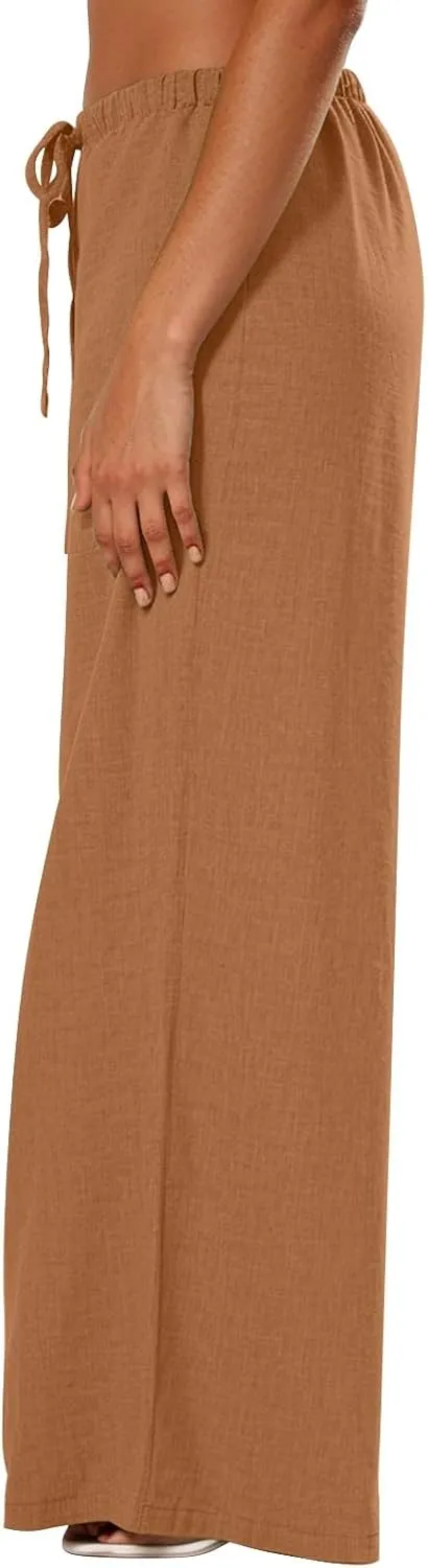 Lightweight Summer Pants Women Drawstring Elastic High Waist Palazzo Pants Boho Flowy Casual Beach Trousers w/Pockets