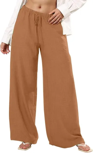 Lightweight Summer Pants Women Drawstring Elastic High Waist Palazzo Pants Boho Flowy Casual Beach Trousers w/Pockets
