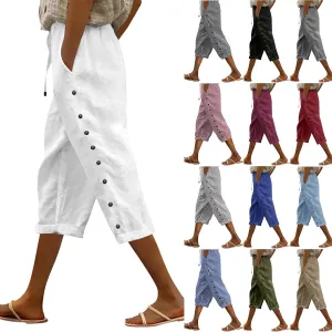 Linen Capri Pants for Women Casual Summer Lightweight Capris High Waist Drawstring Cropped Pants Side Button Trousers