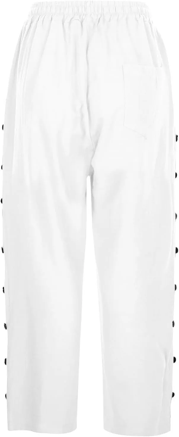 Linen Capri Pants for Women Casual Summer Lightweight Capris High Waist Drawstring Cropped Pants Side Button Trousers