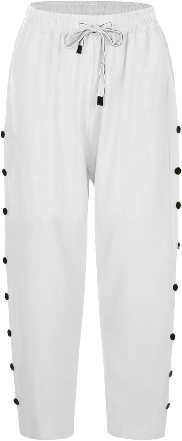 Linen Capri Pants for Women Casual Summer Lightweight Capris High Waist Drawstring Cropped Pants Side Button Trousers