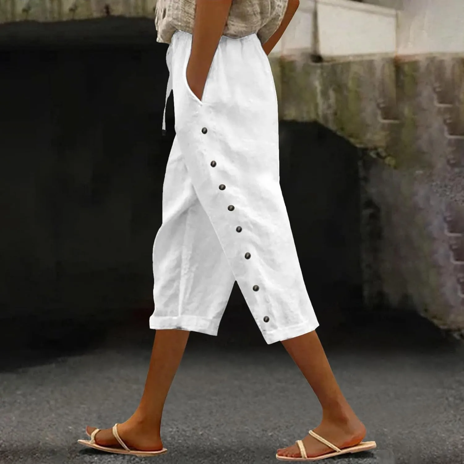 Linen Capri Pants for Women Casual Summer Lightweight Capris High Waist Drawstring Cropped Pants Side Button Trousers