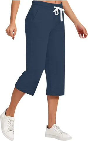 Linen Capri Pants for Women Casual Summer Solid Loose Outdoor Drawstring Pants with Pockets Trendy Summer Trousers