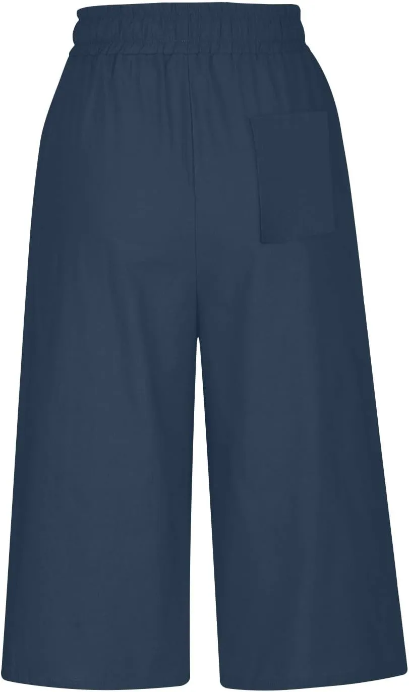 Linen Capri Pants for Women Casual Summer Solid Loose Outdoor Drawstring Pants with Pockets Trendy Summer Trousers