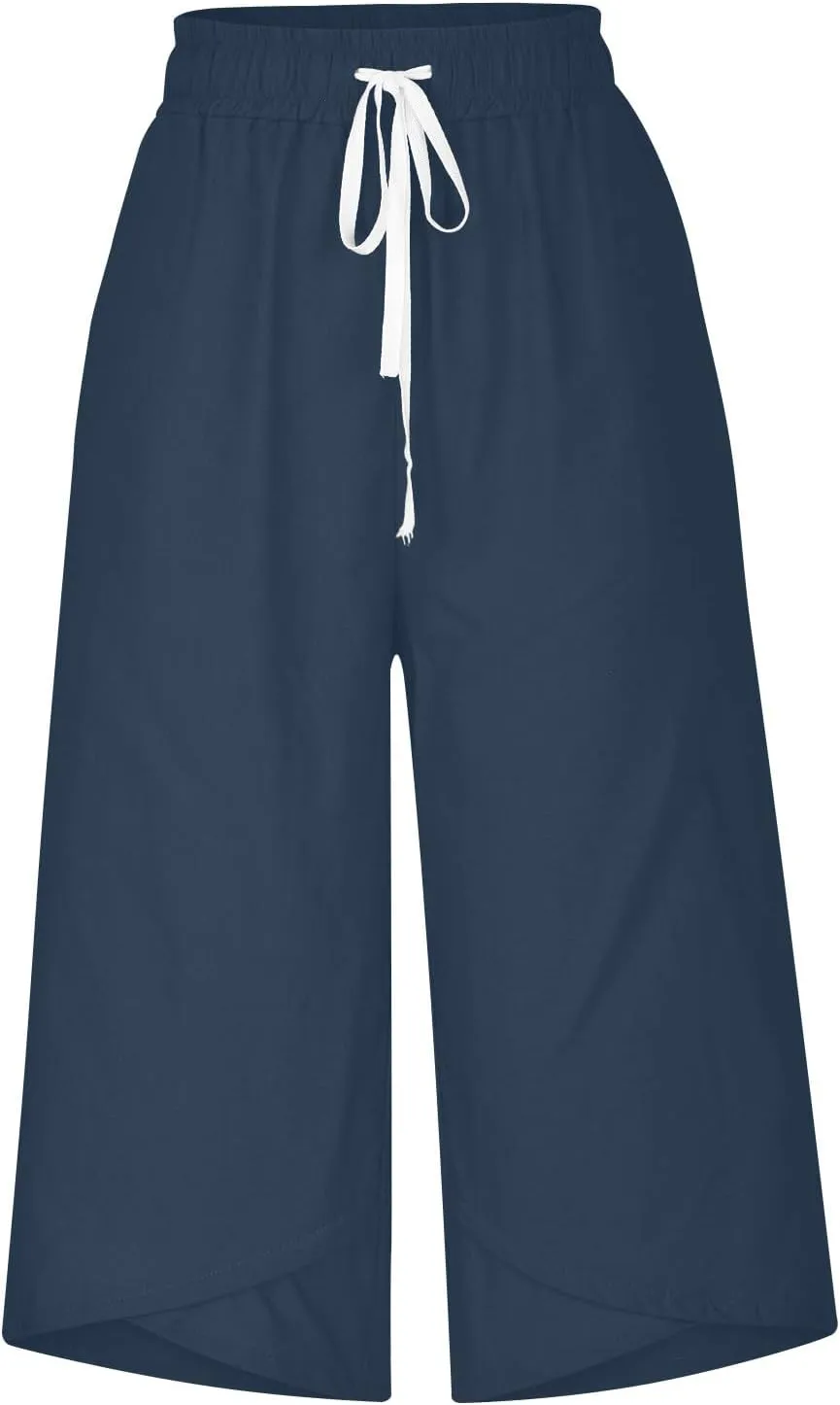 Linen Capri Pants for Women Casual Summer Solid Loose Outdoor Drawstring Pants with Pockets Trendy Summer Trousers