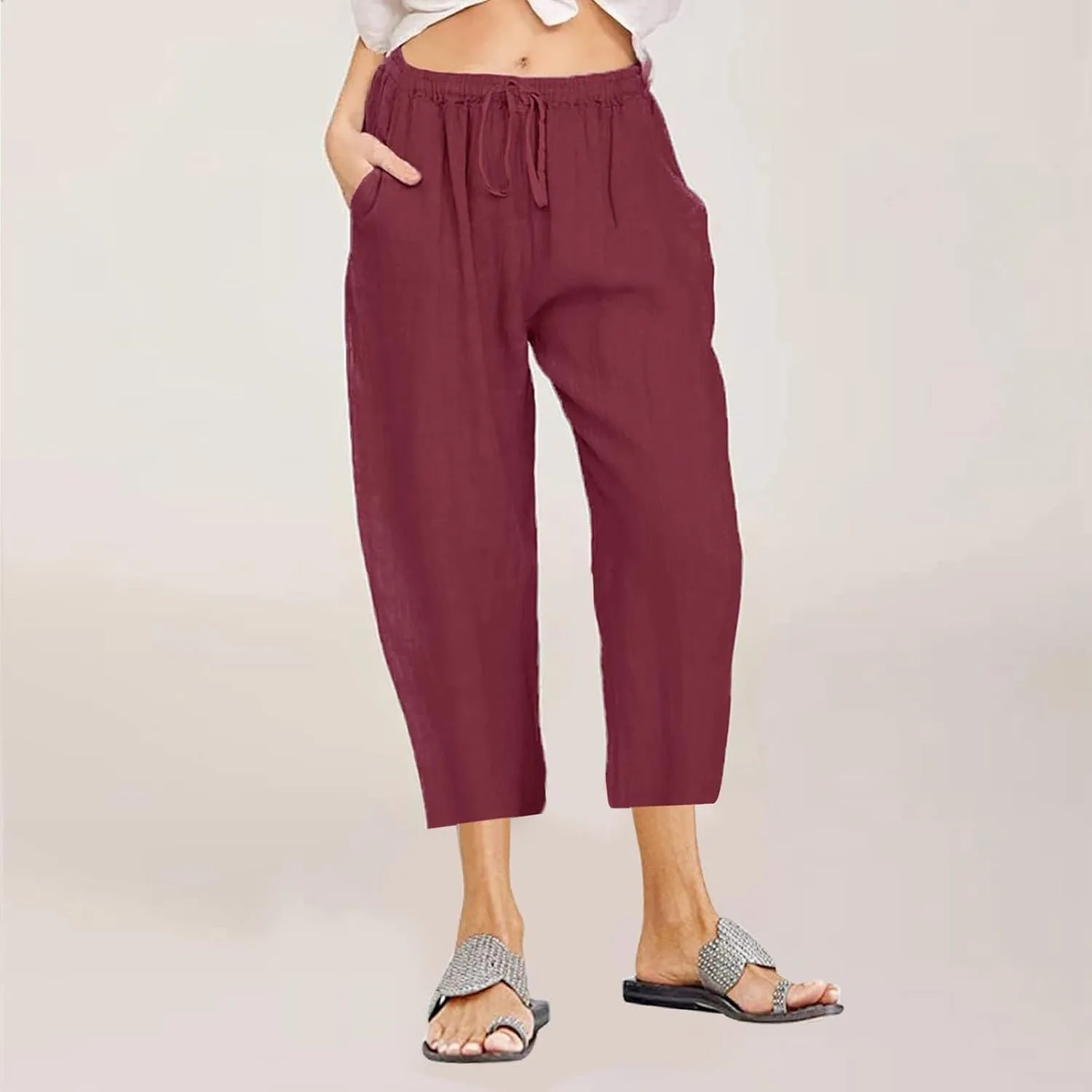Linen Capri Pants for Women Cotton Casual Summer Capris Drawstring High Waist Pants Wide Leg Cropped Trousers