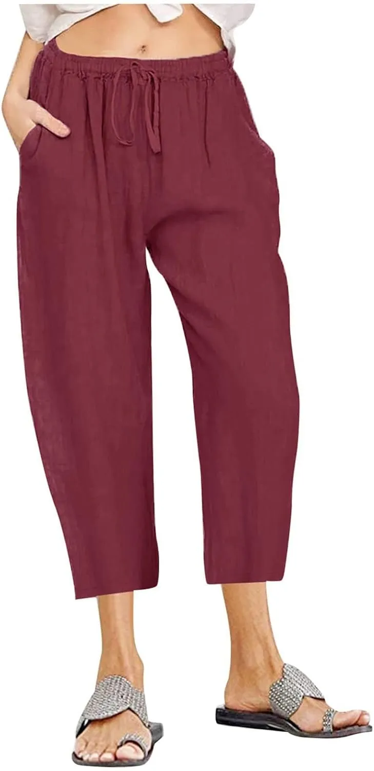 Linen Capri Pants for Women Cotton Casual Summer Capris Drawstring High Waist Pants Wide Leg Cropped Trousers