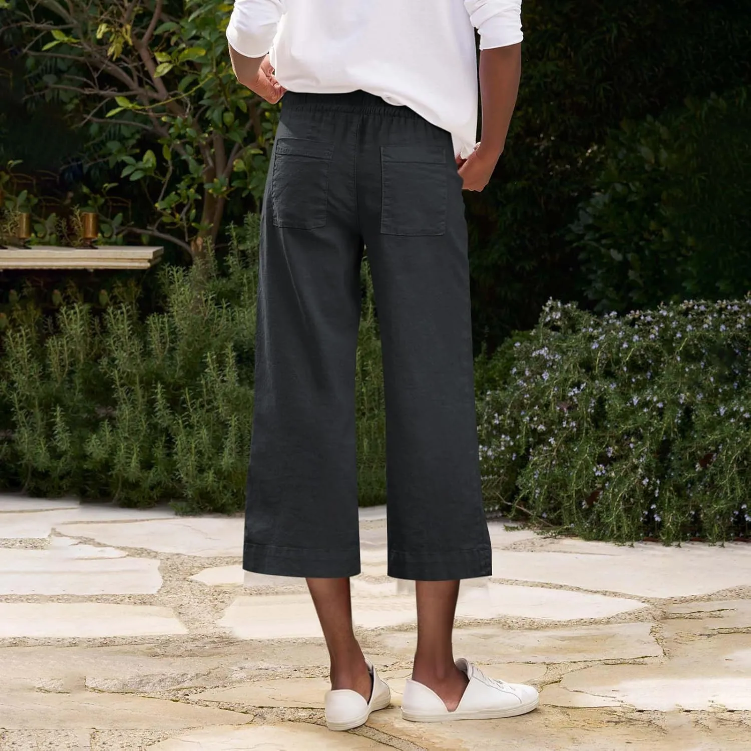 Linen Capri Pants for Women High Waisted Cropped Wide Leg Summer Pants Business Casual Baggy Work Trousers with Tie