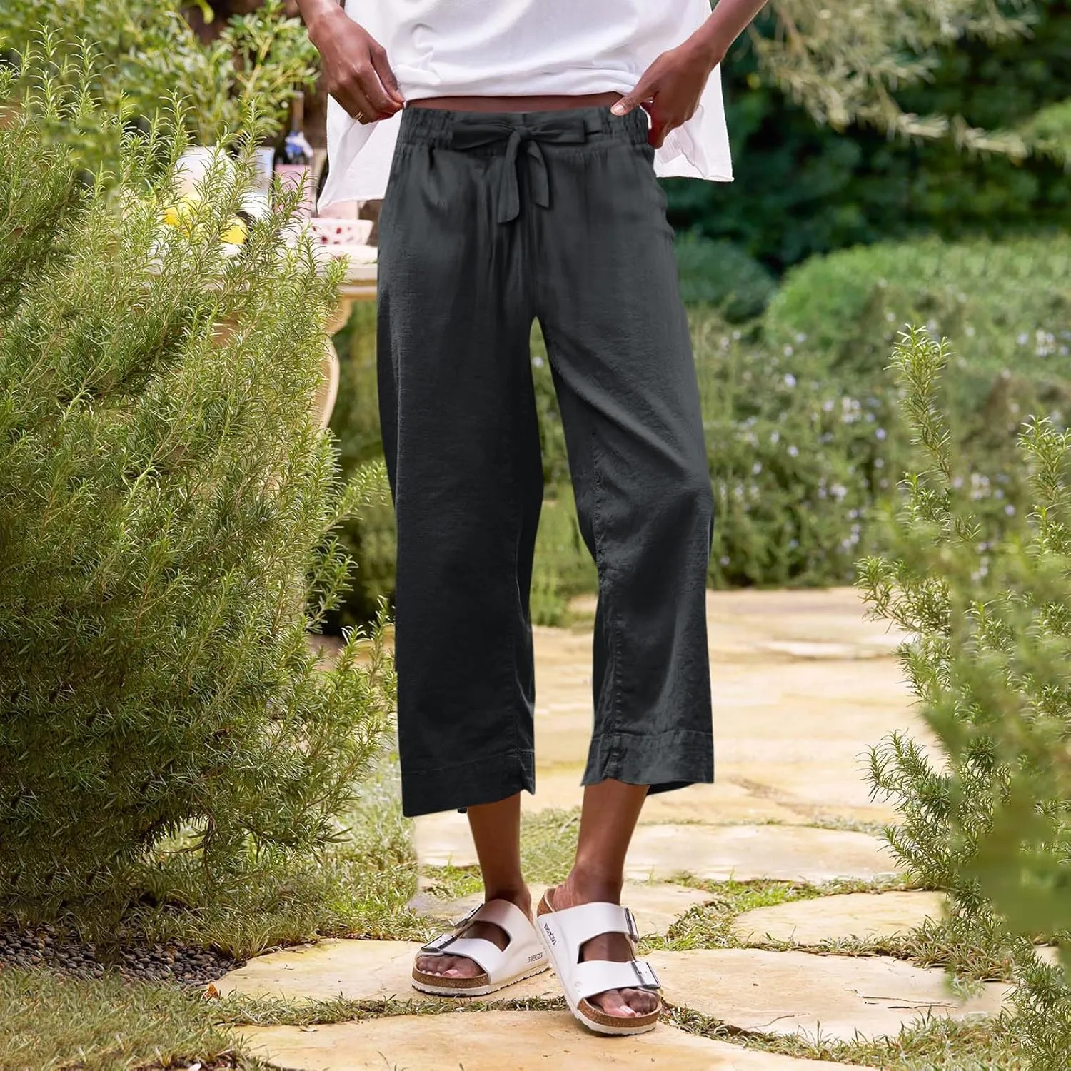 Linen Capri Pants for Women High Waisted Cropped Wide Leg Summer Pants Business Casual Baggy Work Trousers with Tie