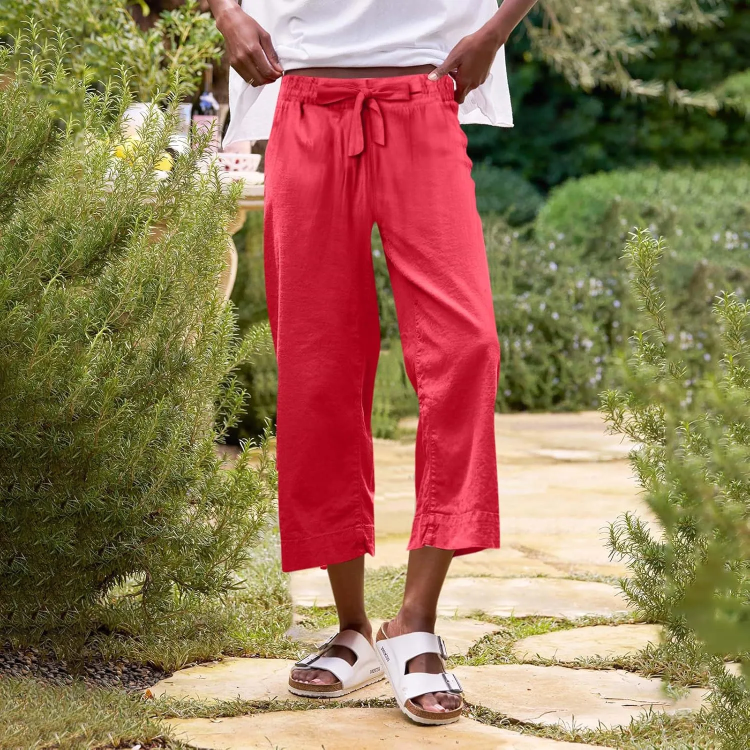Linen Capri Pants for Women High Waisted Cropped Wide Leg Summer Pants Business Casual Baggy Work Trousers with Tie