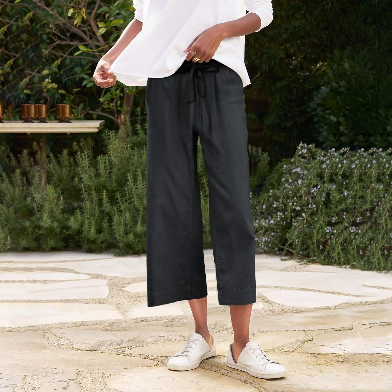 Linen Capri Pants for Women High Waisted Cropped Wide Leg Summer Pants Business Casual Baggy Work Trousers with Tie