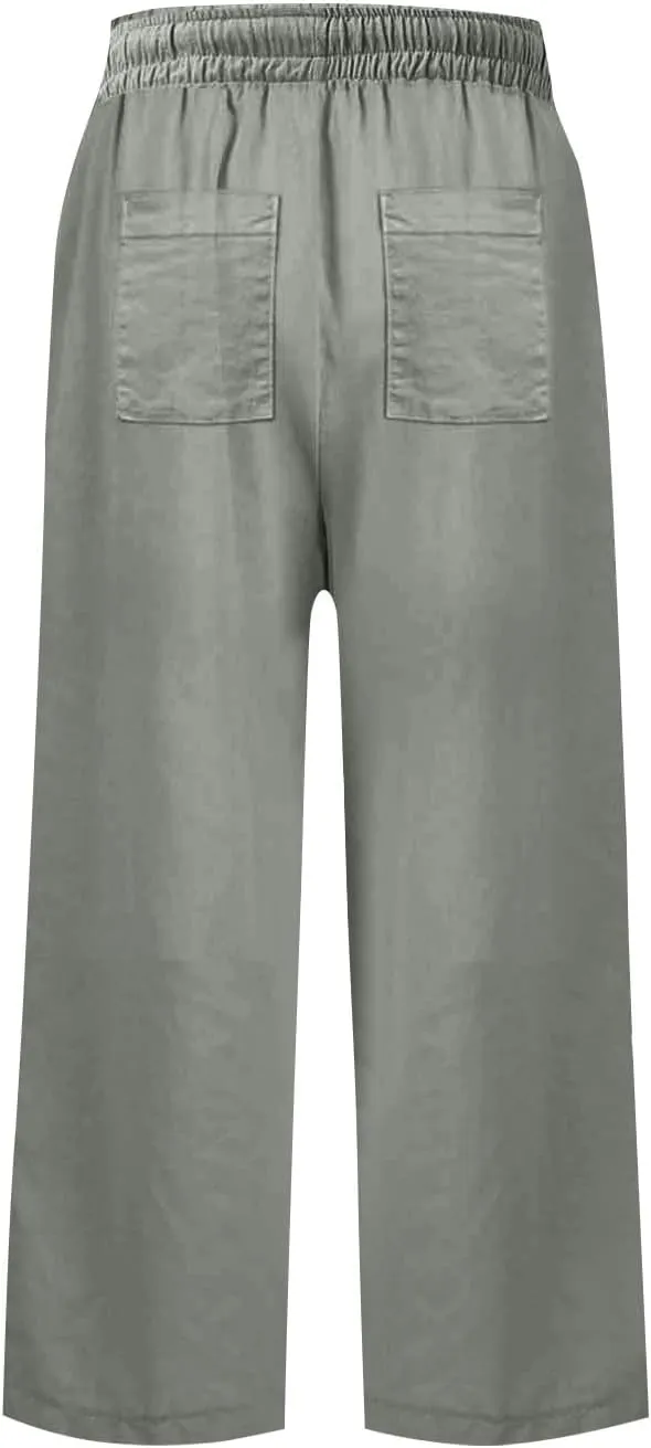 Linen Capri Pants for Women High Waisted Cropped Wide Leg Summer Pants Business Casual Baggy Work Trousers with Tie