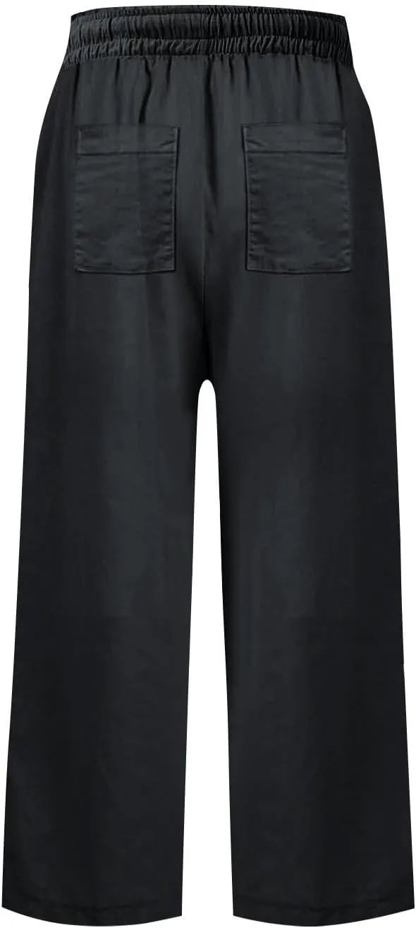 Linen Capri Pants for Women High Waisted Cropped Wide Leg Summer Pants Business Casual Baggy Work Trousers with Tie