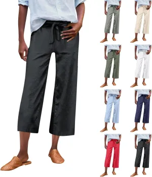 Linen Capri Pants for Women High Waisted Cropped Wide Leg Summer Pants Business Casual Baggy Work Trousers with Tie
