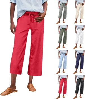 Linen Capri Pants for Women High Waisted Cropped Wide Leg Summer Pants Business Casual Baggy Work Trousers with Tie