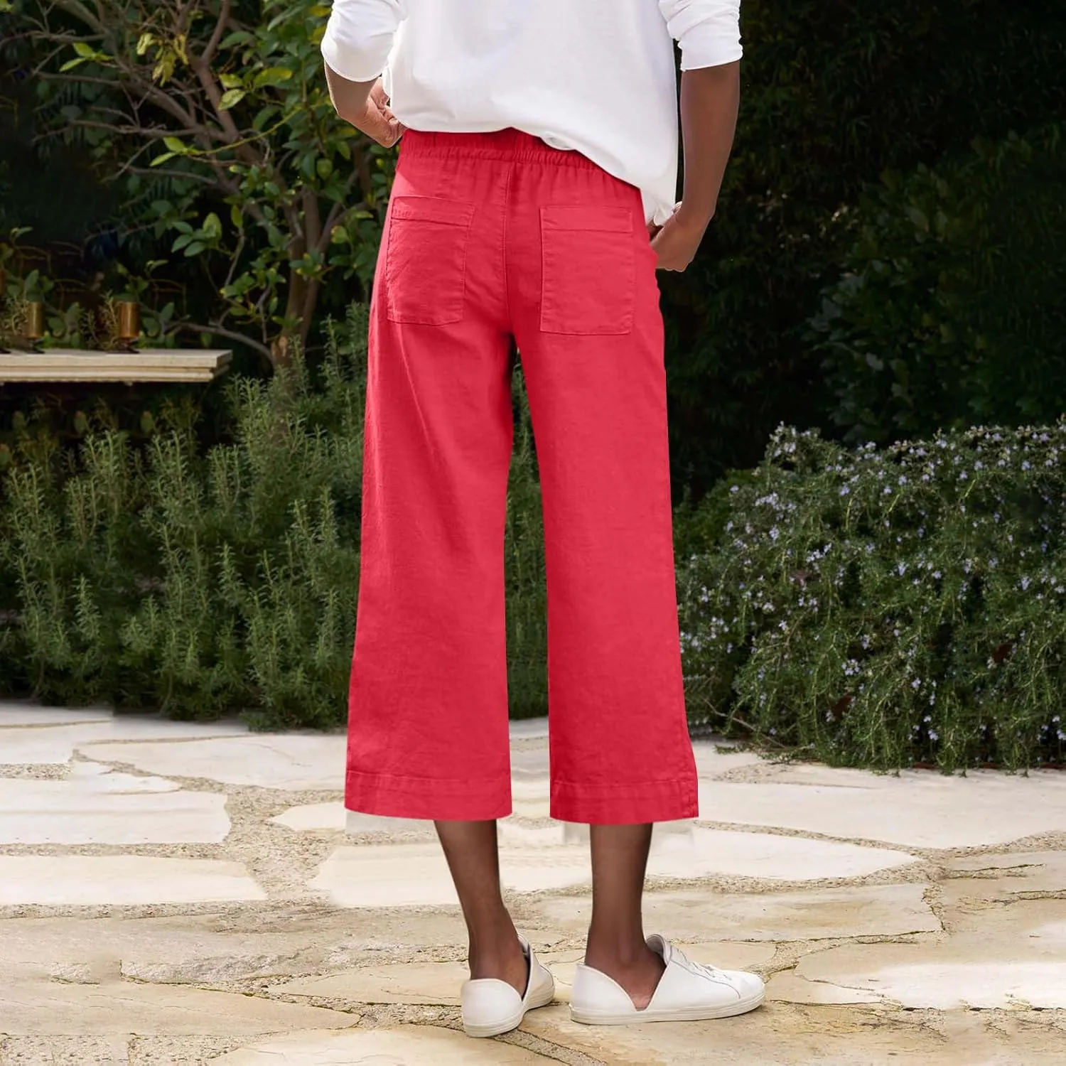 Linen Capri Pants for Women High Waisted Cropped Wide Leg Summer Pants Business Casual Baggy Work Trousers with Tie