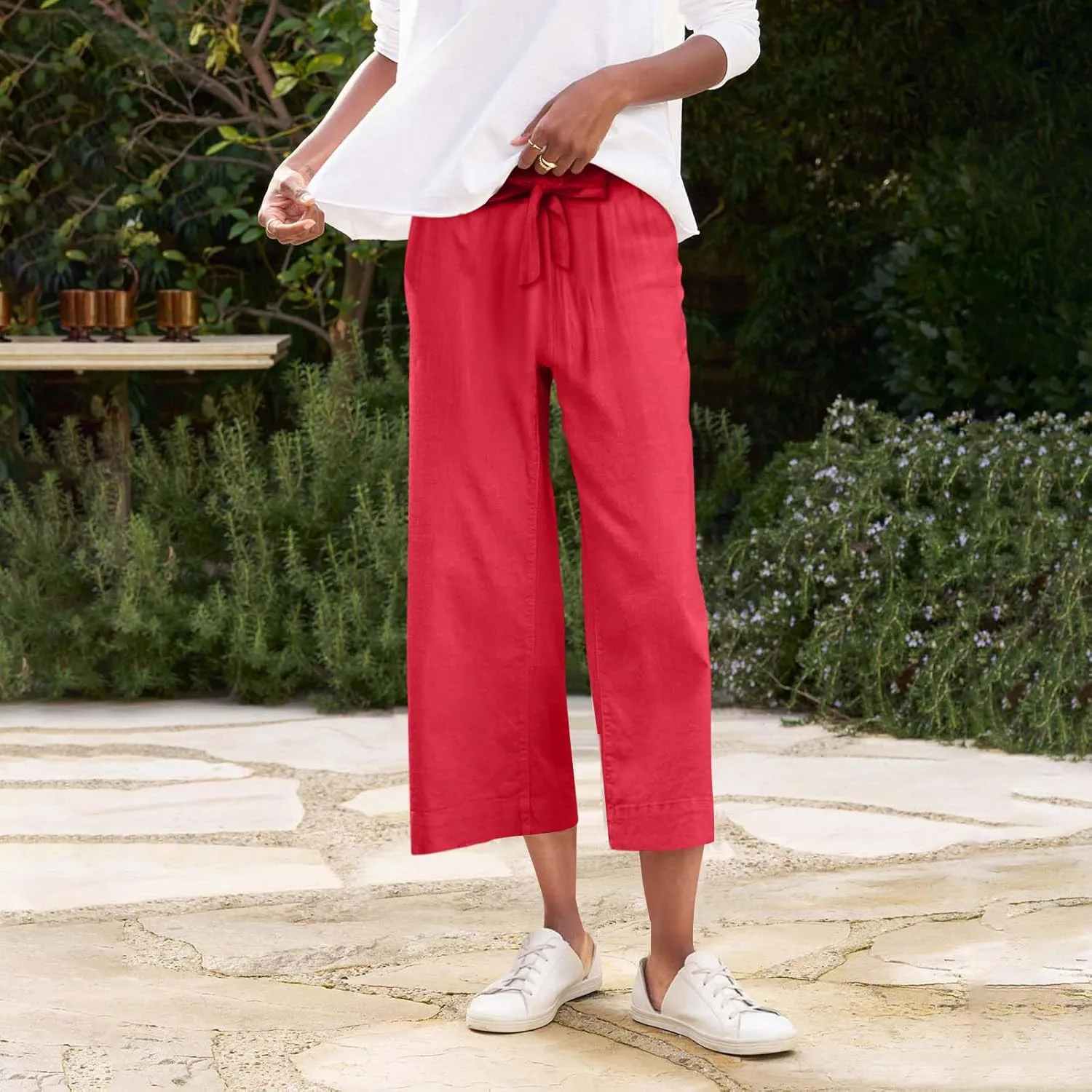 Linen Capri Pants for Women High Waisted Cropped Wide Leg Summer Pants Business Casual Baggy Work Trousers with Tie