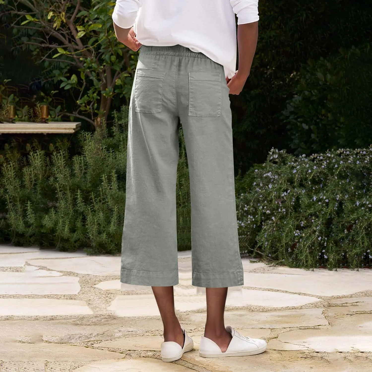 Linen Capri Pants for Women High Waisted Cropped Wide Leg Summer Pants Business Casual Baggy Work Trousers with Tie