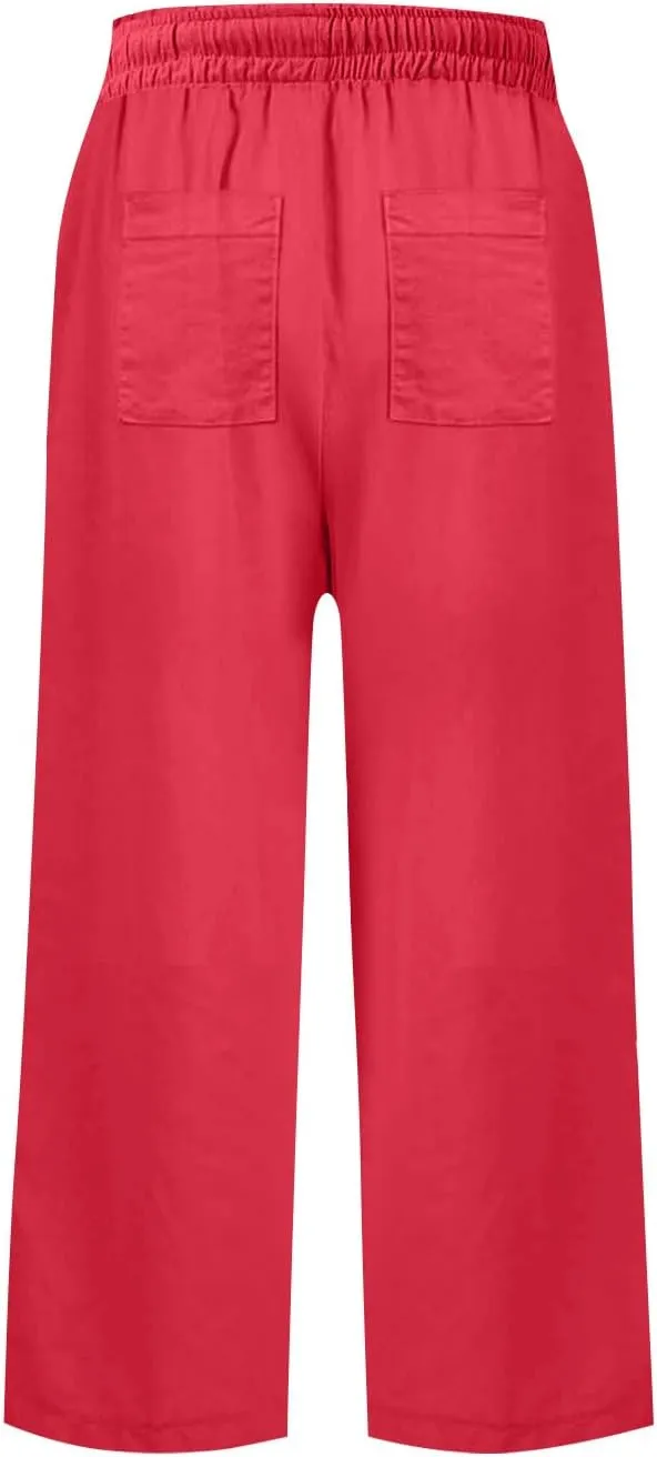 Linen Capri Pants for Women High Waisted Cropped Wide Leg Summer Pants Business Casual Baggy Work Trousers with Tie