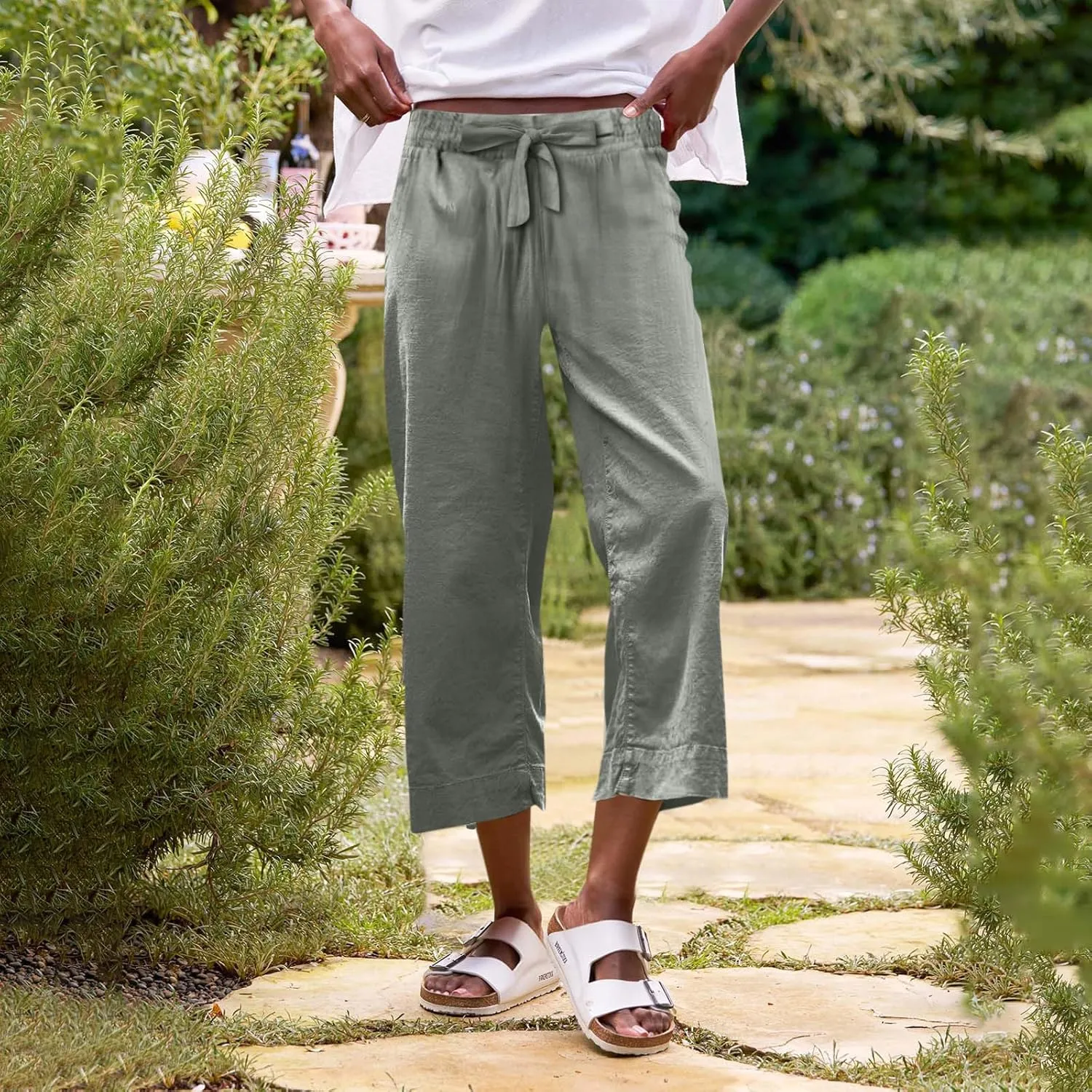Linen Capri Pants for Women High Waisted Cropped Wide Leg Summer Pants Business Casual Baggy Work Trousers with Tie