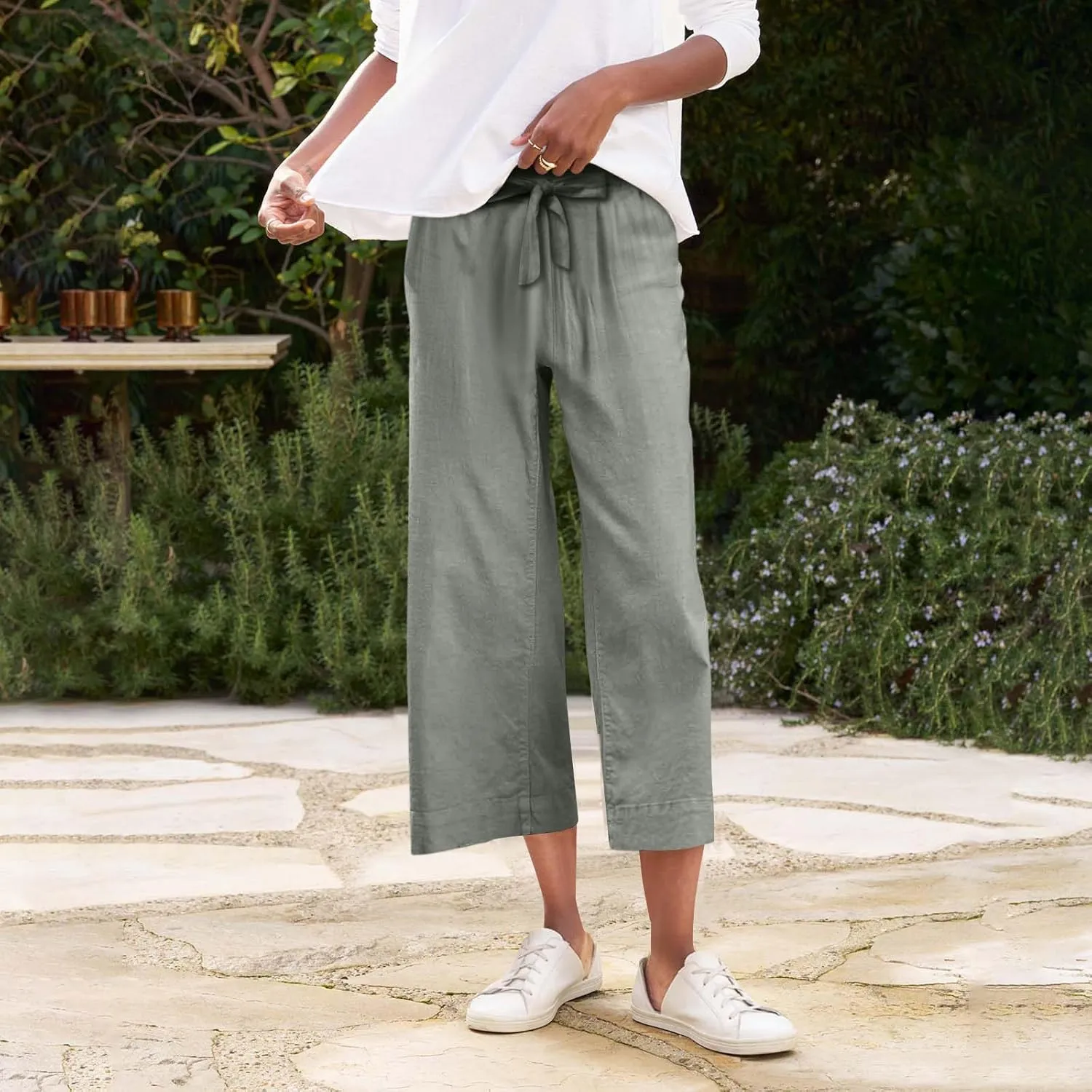 Linen Capri Pants for Women High Waisted Cropped Wide Leg Summer Pants Business Casual Baggy Work Trousers with Tie