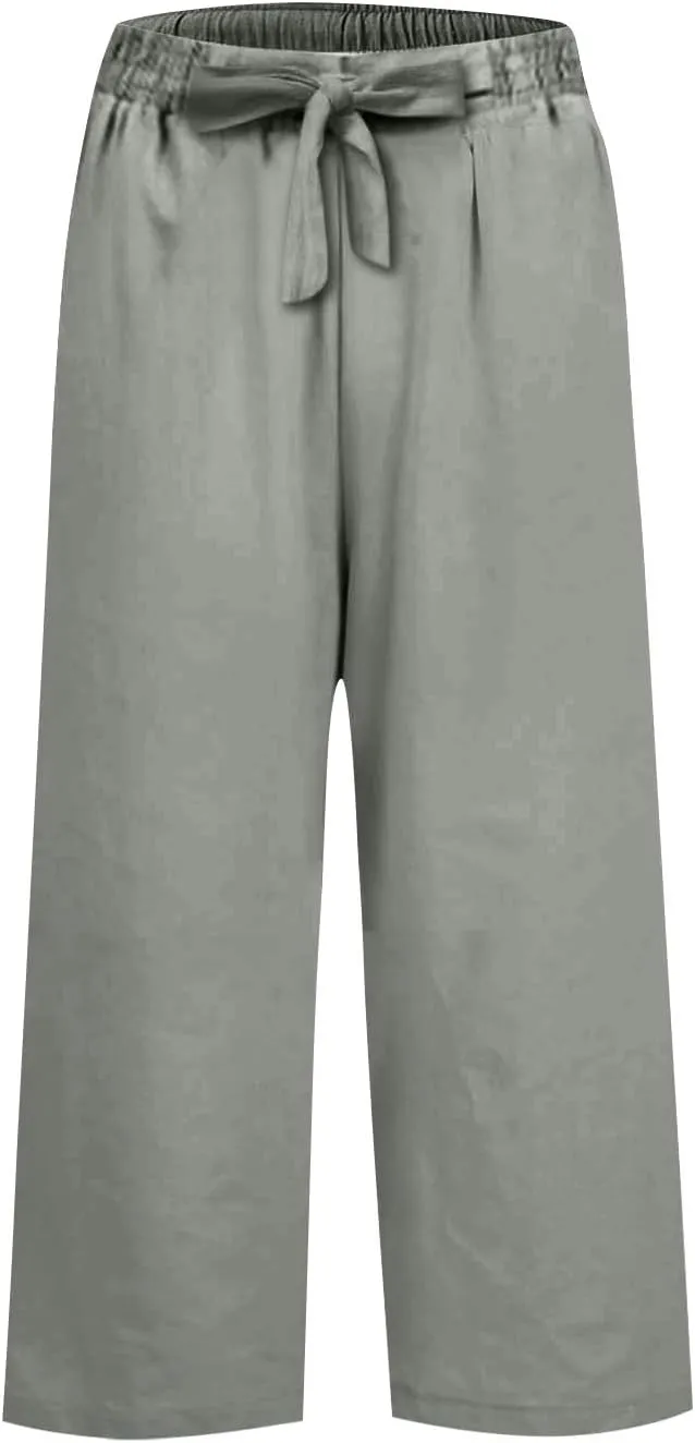 Linen Capri Pants for Women High Waisted Cropped Wide Leg Summer Pants Business Casual Baggy Work Trousers with Tie