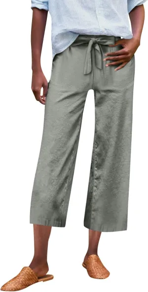 Linen Capri Pants for Women High Waisted Cropped Wide Leg Summer Pants Business Casual Baggy Work Trousers with Tie