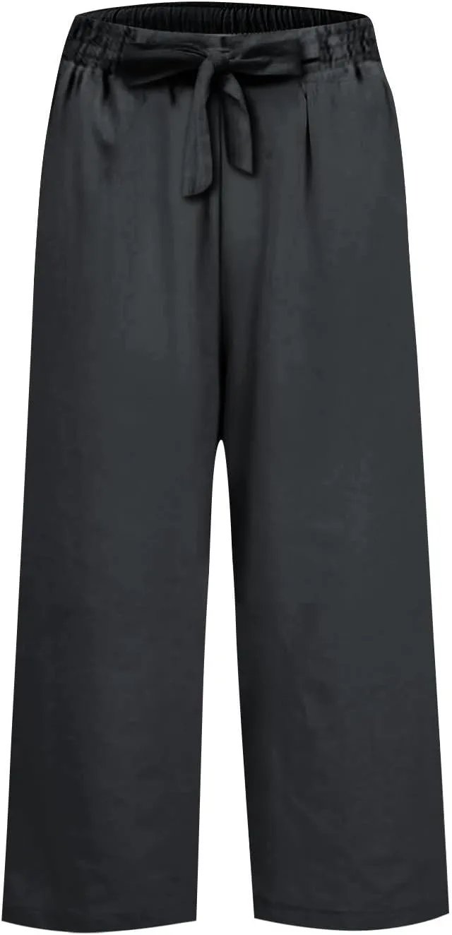 Linen Capri Pants for Women High Waisted Cropped Wide Leg Summer Pants Business Casual Baggy Work Trousers with Tie
