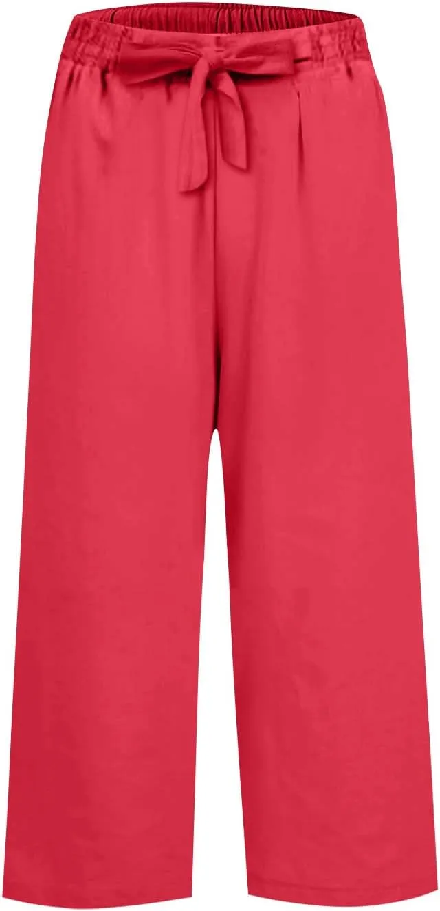 Linen Capri Pants for Women High Waisted Cropped Wide Leg Summer Pants Business Casual Baggy Work Trousers with Tie