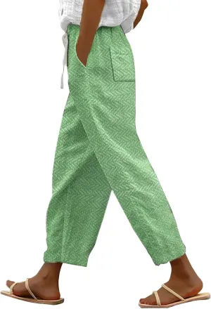 Linen Capri Pants with Drawstring Womens Casual Lightweight Elastic Waist Pants with Pockets Summer Petite Capris