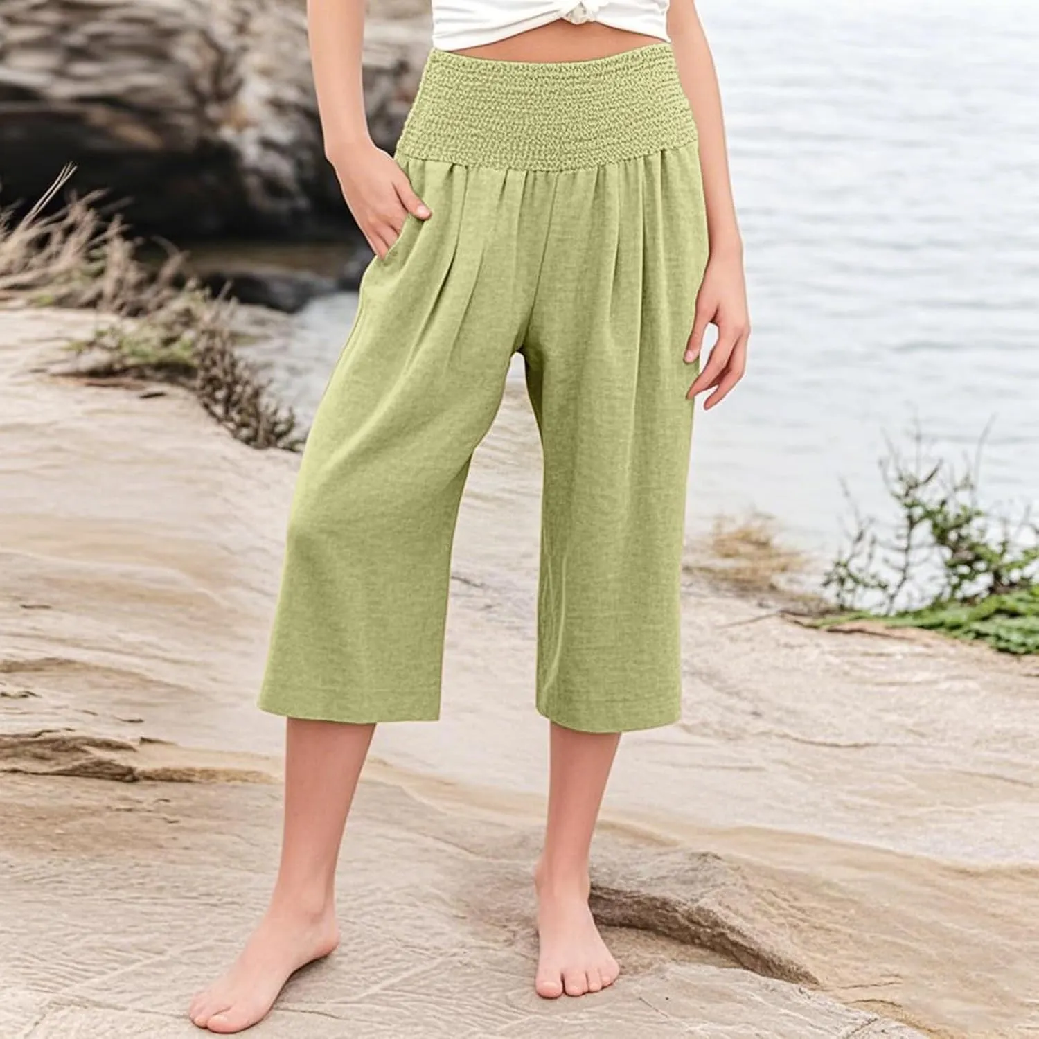 Linen Capris for Girls Summer Casual Palazzo Smocked High Waist Wide Leg Capris Travel Vacation Pants with Pockets