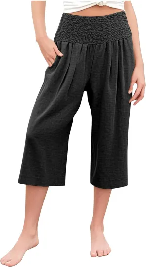 Linen Capris for Girls Summer Casual Palazzo Smocked High Waist Wide Leg Capris Travel Vacation Pants with Pockets