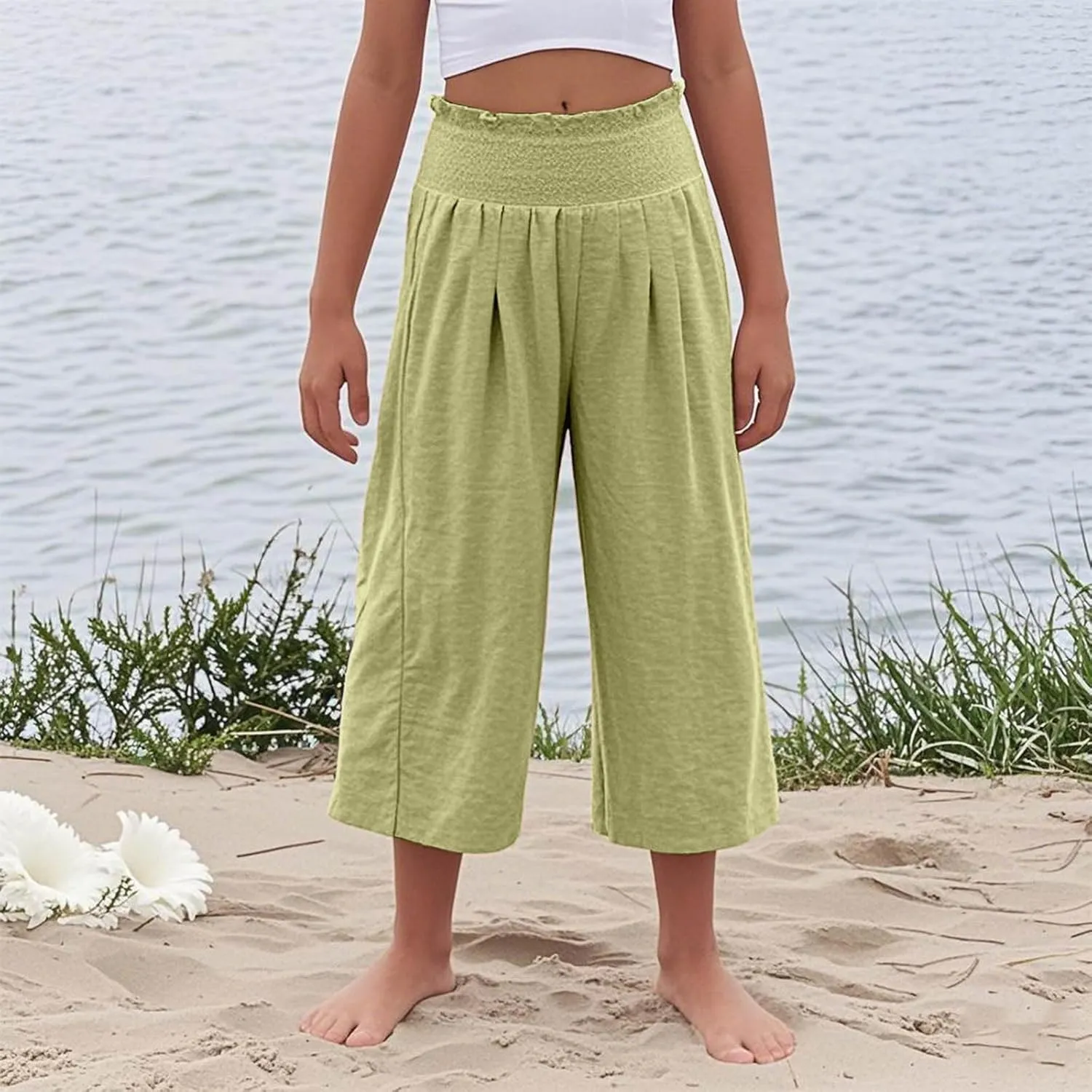 Linen Capris for Girls Summer Casual Palazzo Smocked High Waist Wide Leg Capris Travel Vacation Pants with Pockets