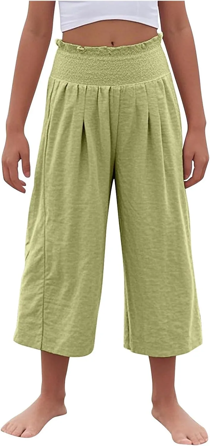Linen Capris for Girls Summer Casual Palazzo Smocked High Waist Wide Leg Capris Travel Vacation Pants with Pockets