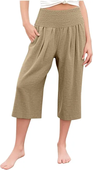 Linen Capris for Girls Summer Casual Palazzo Smocked High Waist Wide Leg Capris Travel Vacation Pants with Pockets