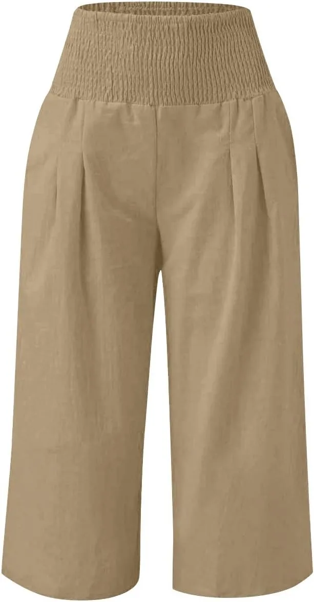 Linen Capris for Girls Summer Casual Palazzo Smocked High Waist Wide Leg Capris Travel Vacation Pants with Pockets