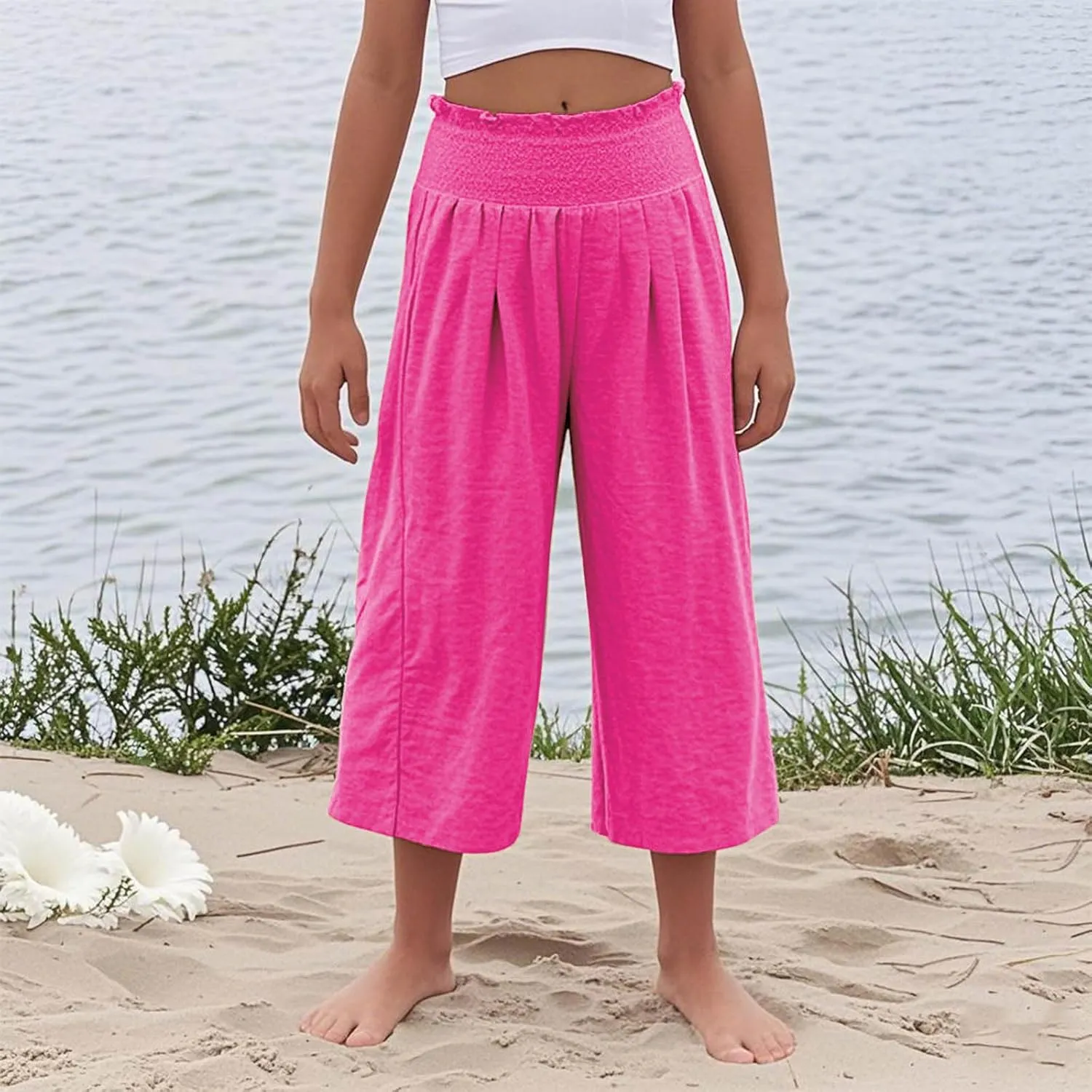 Linen Capris for Girls Summer Casual Palazzo Smocked High Waist Wide Leg Capris Travel Vacation Pants with Pockets