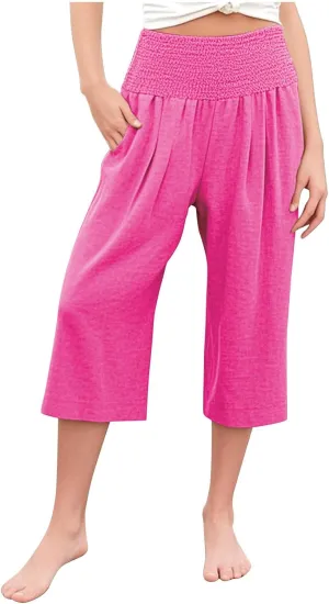 Linen Capris for Girls Summer Casual Palazzo Smocked High Waist Wide Leg Capris Travel Vacation Pants with Pockets