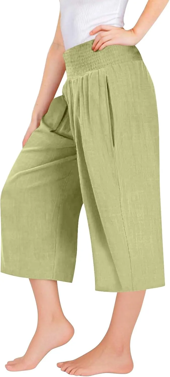 Linen Capris for Girls Summer Casual Palazzo Smocked High Waist Wide Leg Capris Travel Vacation Pants with Pockets